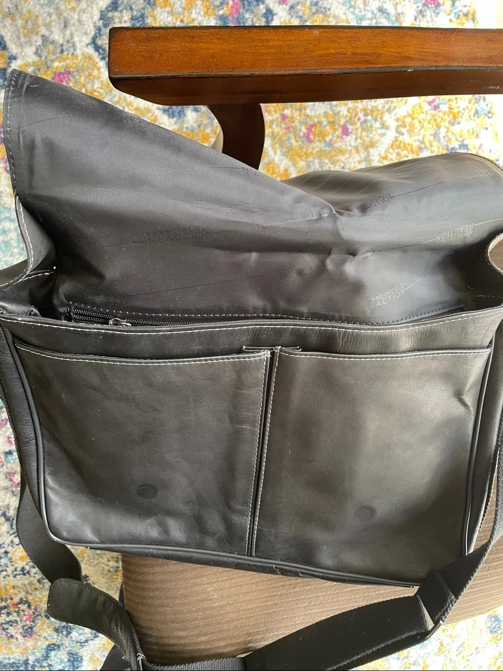 Kenneth Cole Reaction Black Leather Messenger with Adjustable Strap